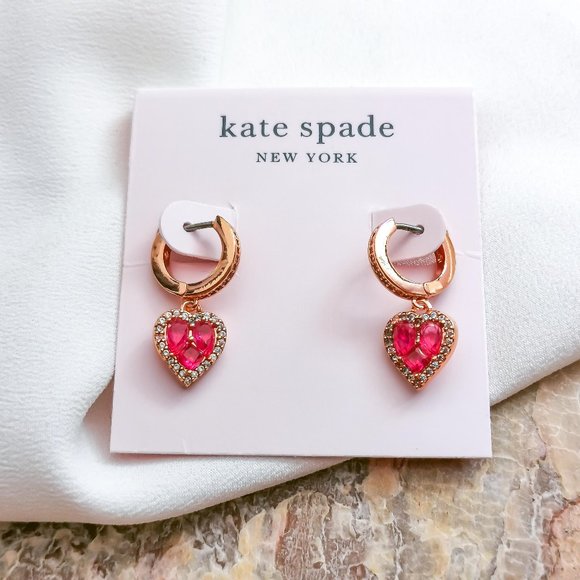 Kate Spade | Rose Gold Spell It Out Heart Red Huggie Earrings